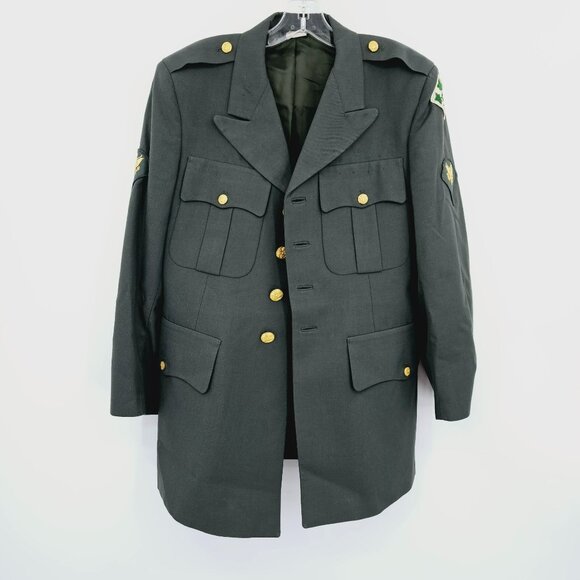 US Army Green Poly Wool Dress Coat Jacket 38S Uniform Patches Buttons Vintage - Picture 13 of 16